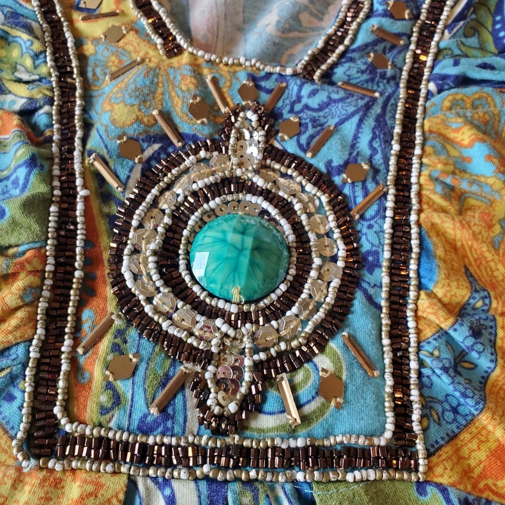 Boston Proper‎ Orange Blue Paisley Top Beaded Rhinestone Bling Blouse XXS
